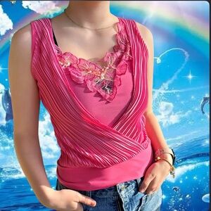 Y2K Pink Floral Appliqué Pleated Wrap Top 💖✨ à la zara larson vibes